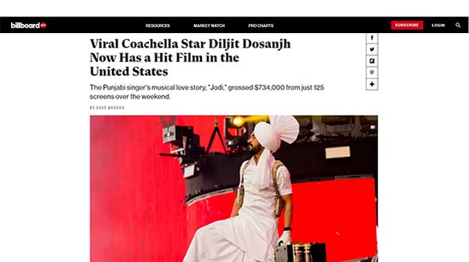 Punjabi Artist Diljit Dosanjh & Nimrat Khaira Jodi On Billboard - Punjabi Adda Blog